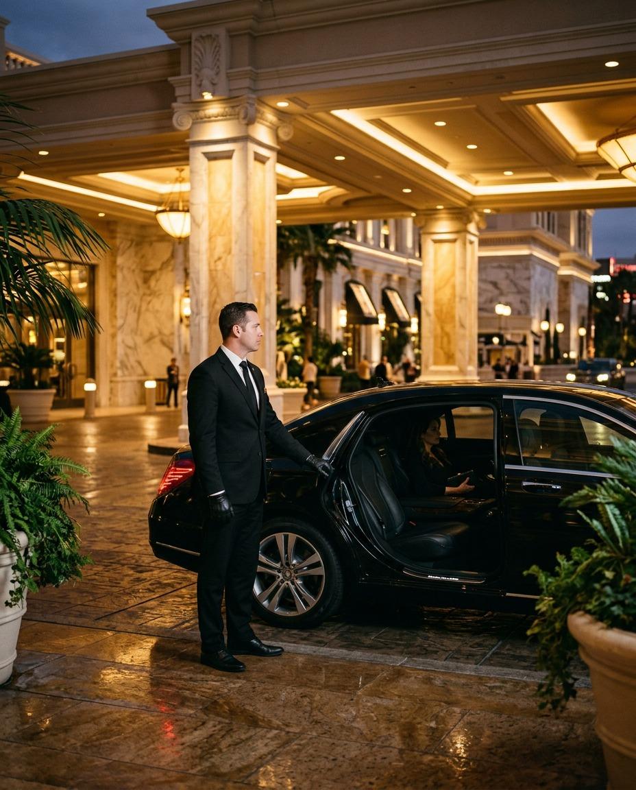 Tower chauffeur holding the door of a black sedan at a Las Vegas resort entrance